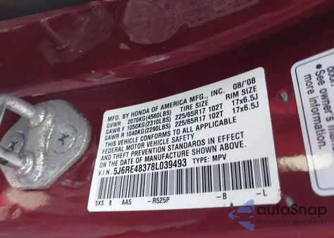 2008 Honda Cr-V Lx из США, поврежденный, VIN 5J6RE48378L039493